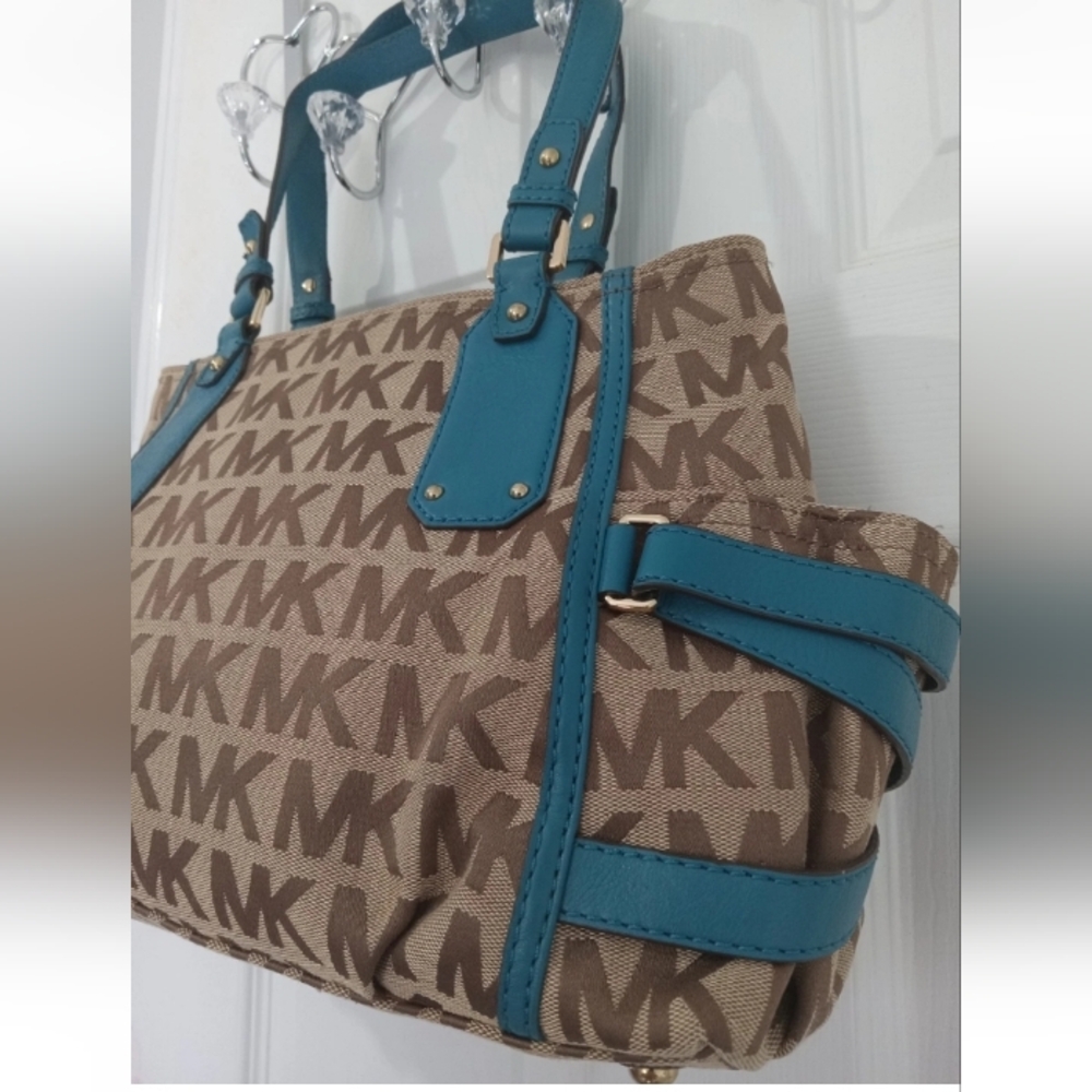END 30-APR | MK Brown and Teal Signature Tote Bag - Picture 6 of 9